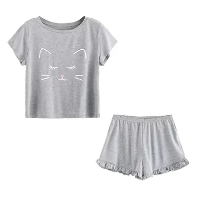 Women Cat Print Casual Shorts Set Navy Blue