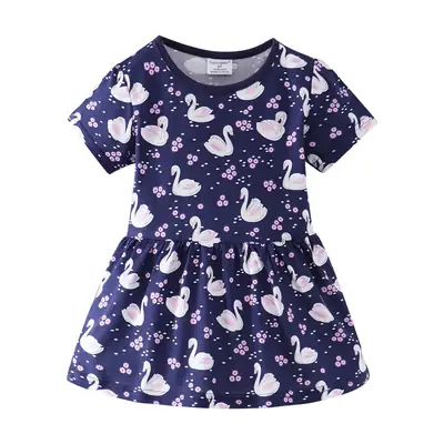 Blue Swan Print Girl's Lady Short Sleeve Dress