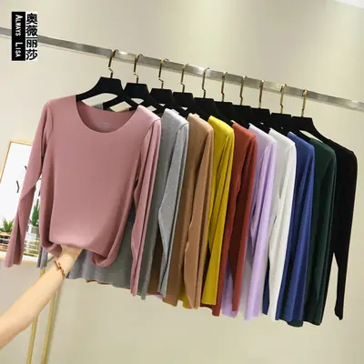 Women Long-sleeve T-shirt Modal Crewneck Black to Multi Color