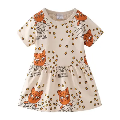 Cute Cat Print Short Sleeve Girls Dress