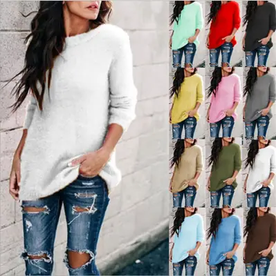 Women Light Blue Knit Pullover Sweater Autumn New