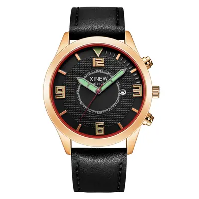 Xinew Men's Gold Quartz Watch with Calendar & Leather Band