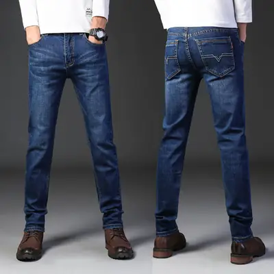 Men's Blue Slim Fit Elastic Jeans Business Casual