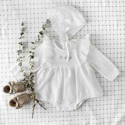 White Embroidered Baby Hood with Snap Closure