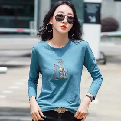 Women Blue Embroidered Long Sleeve T-shirt