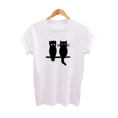 Black T-Shirt with Owl & Cat Design for Men Women