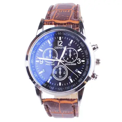 Men's Three-Eye Chronograph Watch Brown Leather Belt