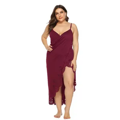 Plus Size Maroon Embroidered Nightgown with High Slit