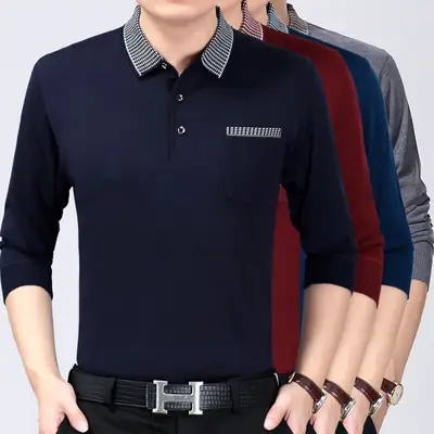 Men's Knitted Lapel T-Shirt Maroon Grey Striped