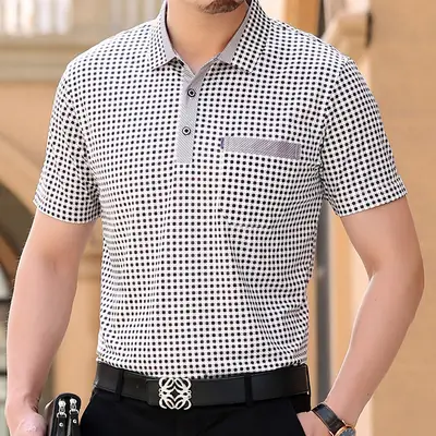 Men's Black White Houndstooth Short Sleeve T-Shirt with Gray Pocket