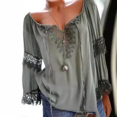 2024 Summer One-Shoulder Linen Lace Shirt Olive Green