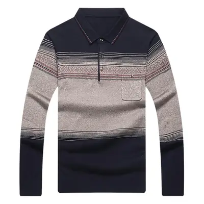 Middle-aged Men Long Sleeve Knitted T-Shirt Blue