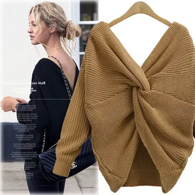 White Long Sleeve Knitted V-Neck Top for Women
