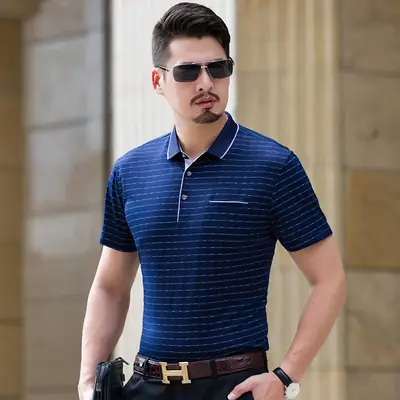 Men Striped Cotton Polo T-Shirt Short Sleeve