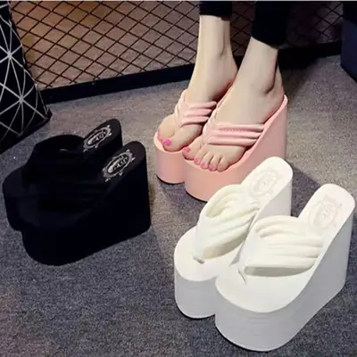 Summer High Heel Sandals Thick Bottom Rubber Bottom Non-slip Wear-resistant Beach Flip-flops Cloth with Slippers Nightclub