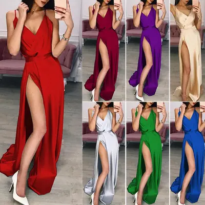 Red Split Strap Evening Dress with High Slit
