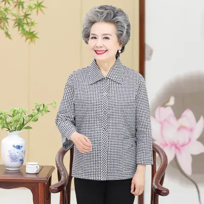 Middle-Aged Plaid Check Shirt for Women 60-70