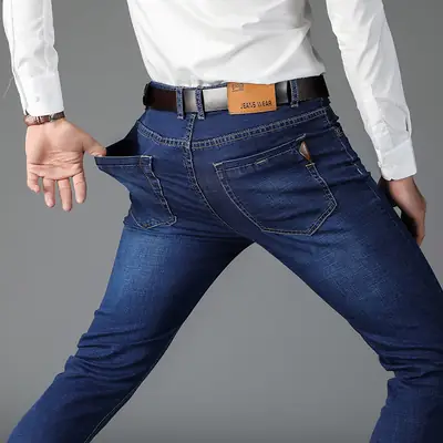 Men's Stretch Slim Fit Jeans Blue Brown Belt