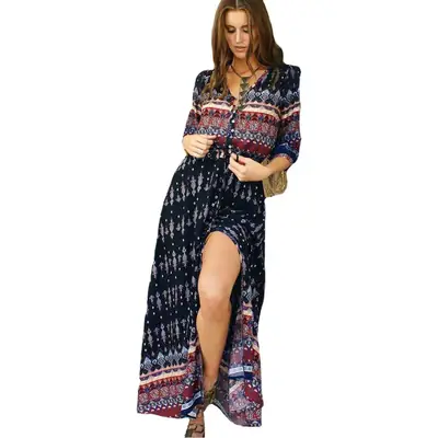 Bohemian Printed V-Neck Beach Dress Blue Floral