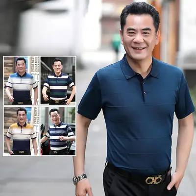 Men Lapel T-Shirt Striped Blue White Summer
