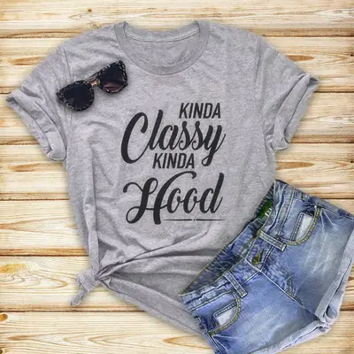 Grey Hooded T-Shirt with "Kinda Classy Hood" Print