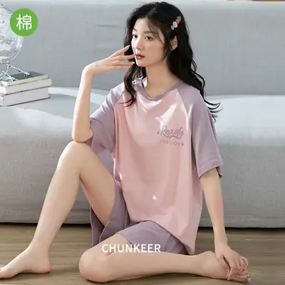 Summer Pajamas, Pure Cotton, Women's Summer Short-Sleeved Shorts Set, Summer Casual Cotton Large Size Home Clothes, Can Be Worn Outside, Wholesale