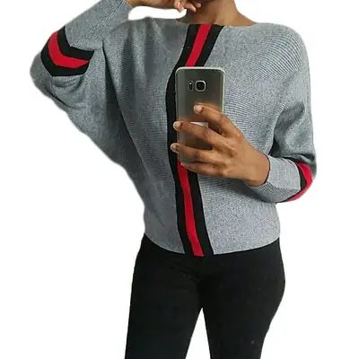 Women Grey Red Stripe T-Shirt Collar Sleeve Trim