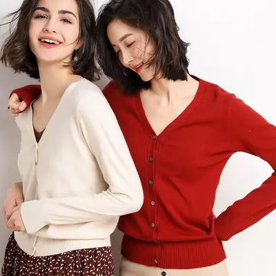 Women Wool V-Neck Cardigan Grey 2020 Early Spring