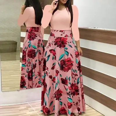 Women's Printed Long Dress Green Red Floral 2023