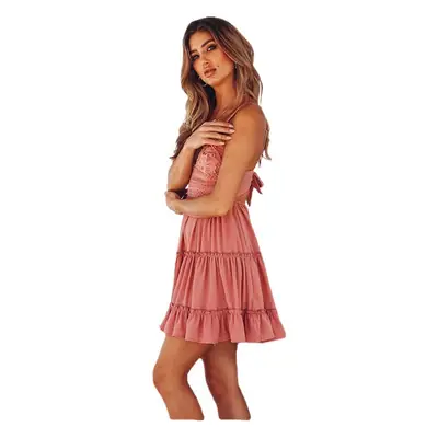 Red Lace Strap Women's Summer Dress with Ruffled Back