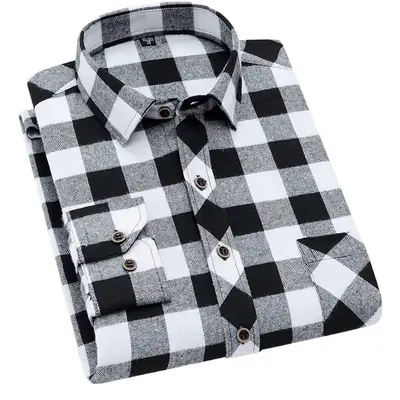 Brushed Plaid Shirt Men Slim Fit No Ironing