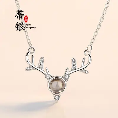 S925 Sterling Silver Deer Necklace with Black Stone & Crystal Accents