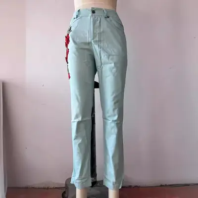 2018 Light Blue Embroidered Denim Pants with Red Roses