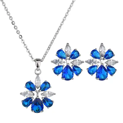 Blue Crystal Flower Necklace Earrings S925 Silver