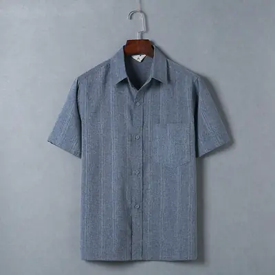 Men Striped Short Sleeve Shirt Blue Middle Age