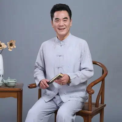 Men's White Linen Tang Suit with Embroidery