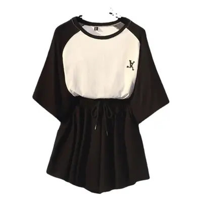 Plus Size Women's Black White Raglan Sleeve Skirt Set