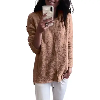 Women's Winter Round Neck Sweater Top Beige Fleece