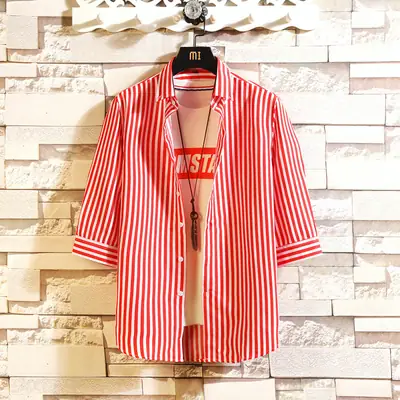 Men Striped Cotton Shirt Summer Slim Fit