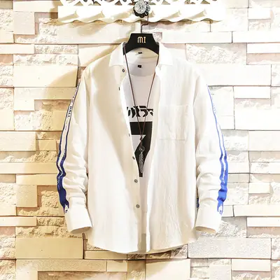 Men White Blue Striped Long Sleeve Shirt