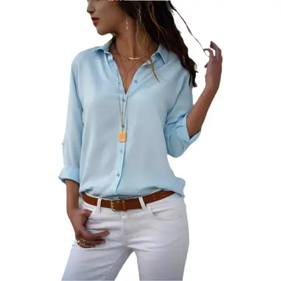 Long Sleeve Button Down Shirt for Women Green White