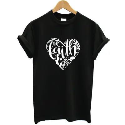 White Faith Heart Floral Letter T-Shirt for Women