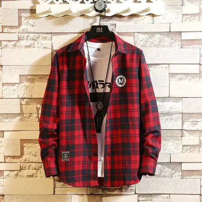 Men Red Plaid Cotton Long Sleeve Shirt