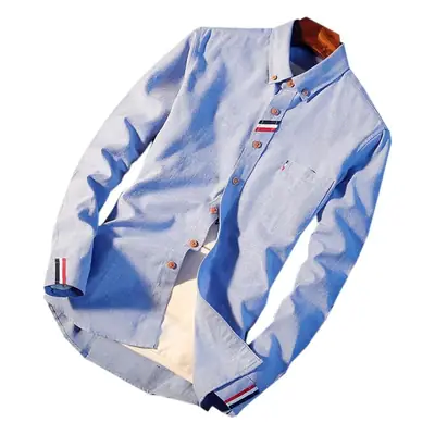 Men's Blue Japanese Style Slim Fit Shirt with Embroidered Details