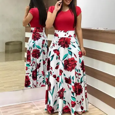 Women Floral Print Long Skirt Dress Green Red Rose