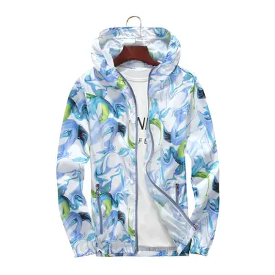 Men's Ultra-Thin Sun Protection Hoodie Blue Green Print