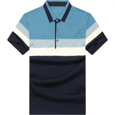 Men Blue Striped Polo T-Shirt with Belt