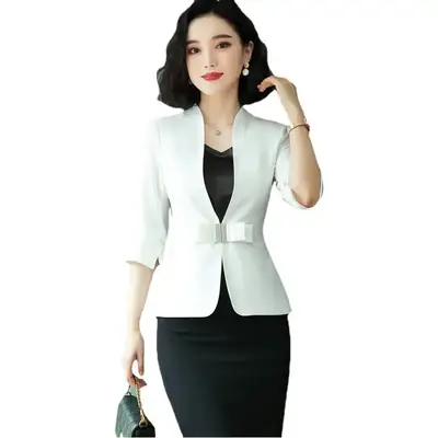 Women's White Sleeveless Blazer Suit with Belt for Office Wear