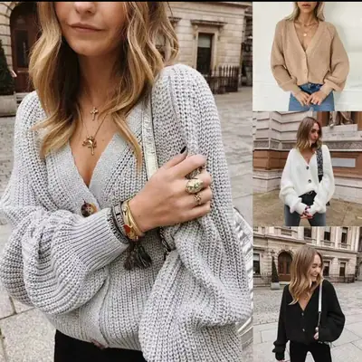 2025 Knitted V Neck Cardigan Sweater Winter Cozy