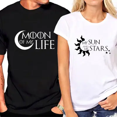 Couple Moon Sun Stars T-Shirt Black Short Sleeve